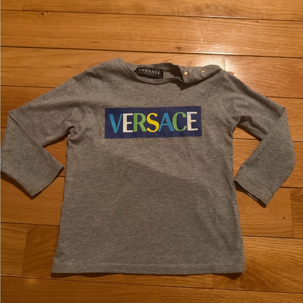 Versace Kids Gray Long Sleeve Tee with Colorful Logo